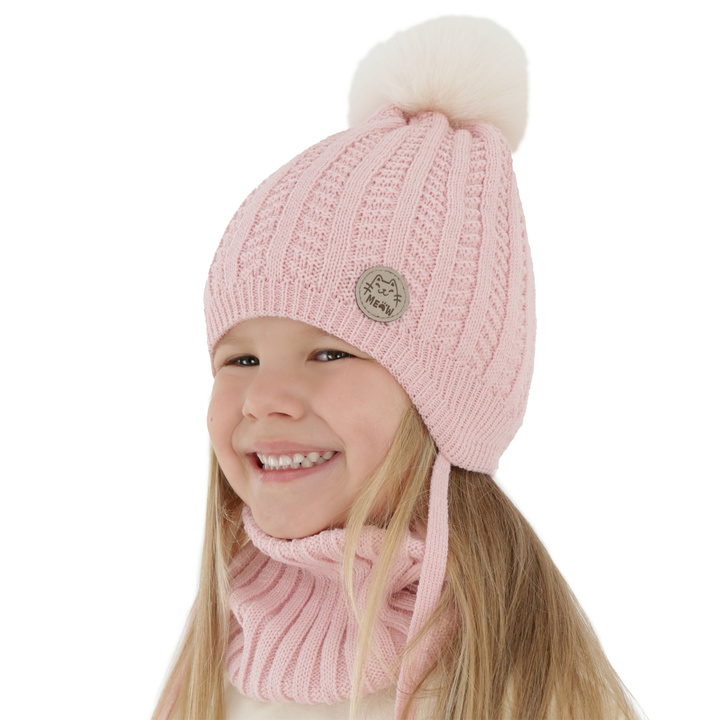 Ensemble d'hiver fille: bonnet et snood, rose, avec pompon, Kenta