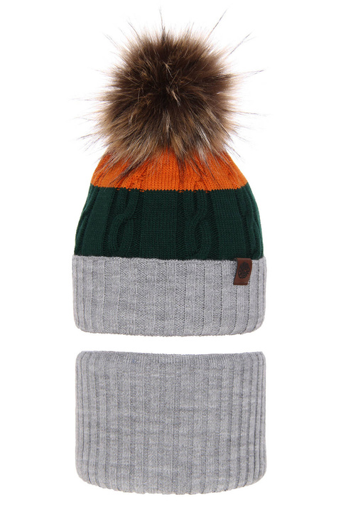 Ensemble d'hiver garçon: bonnet et snood, gris, avec pompon, Karmel