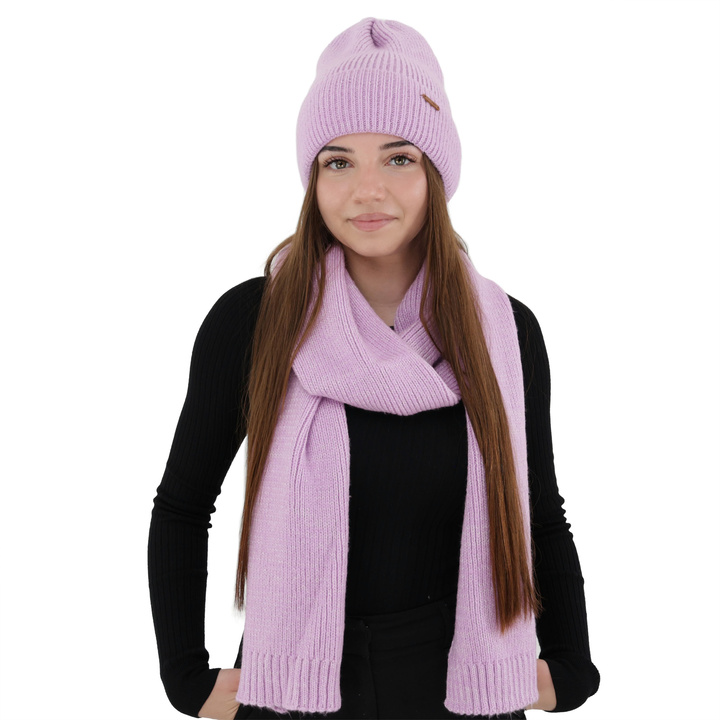 Ensemble d'hiver femme: bonnet et écharpe, violet, avec laine mérinos, Seala