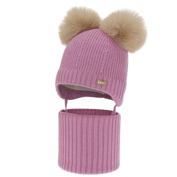 Ensemble bonnet et tour de cou fille, hiver, violet, 100% laine mérinos, doublé polaire laine, Lumia