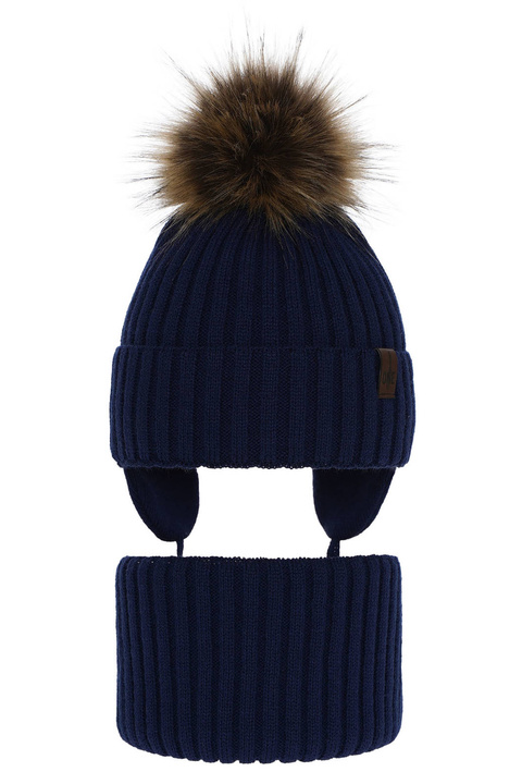 Ensemble d'hiver garçon: bonnet et snood, bleu marine, avec pompon, Puzel