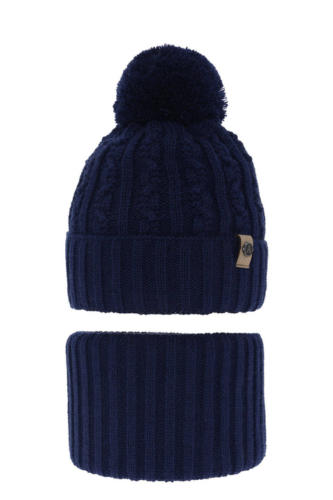Ensemble d'hiver garçon: bonnet et snood, bleu marine, avec pompon, Almond