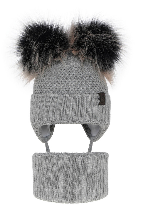 Ensemble d'hiver garçon: bonnet et snood, gris, avec deux pompons, avec liens, Randel