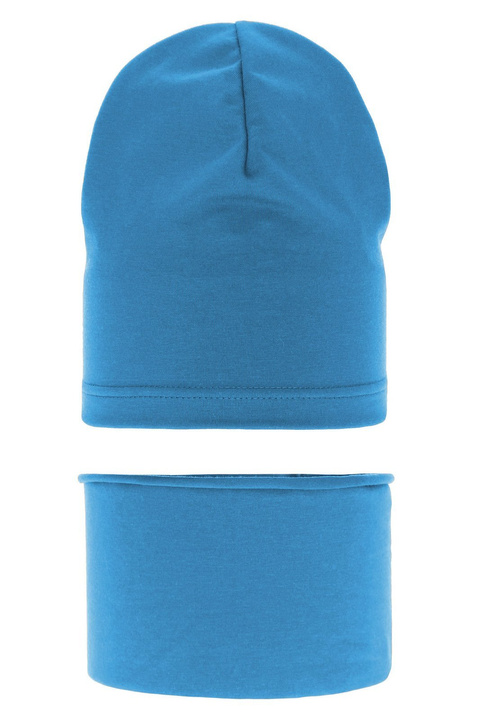 Ensemble automne/printemps garçon: bonnet et snood, bleu, en coton, Hazel