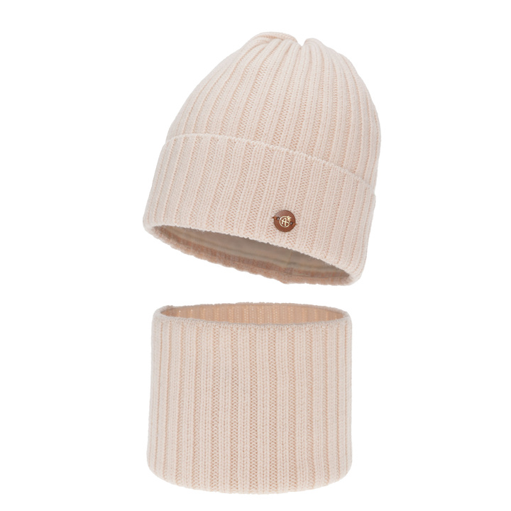 Ensemble d'hiver fille: bonnet et snood, rose clair, 100% laine mérinos, doublé de coton, Vanira