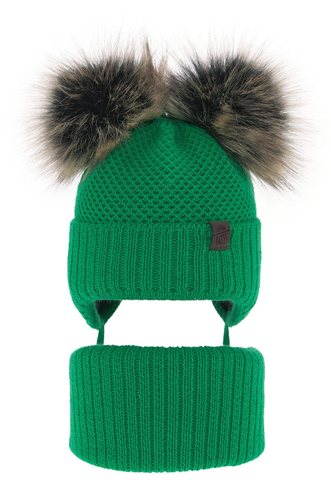 Ensemble d'hiver garçon: bonnet et snood, vert, avec deux pompons, avec liens, Randel