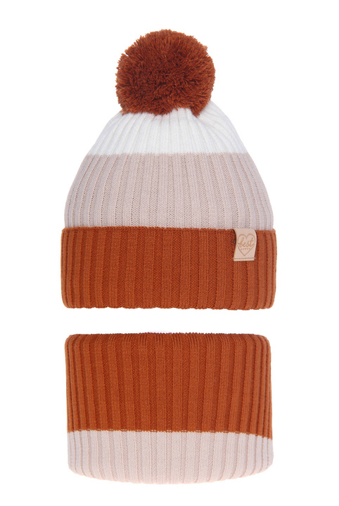 Ensemble d'hiver fille: bonnet et snood, brun, avec pompon, Indiana