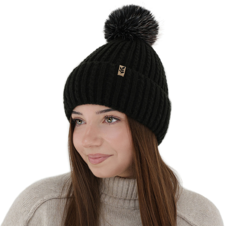 Bonnet d'hiver femme, noir, avec pompon, Calista