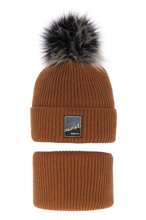 Ensemble d'hiver fille: bonnet et snood, brun, avec pompon, Sycylia