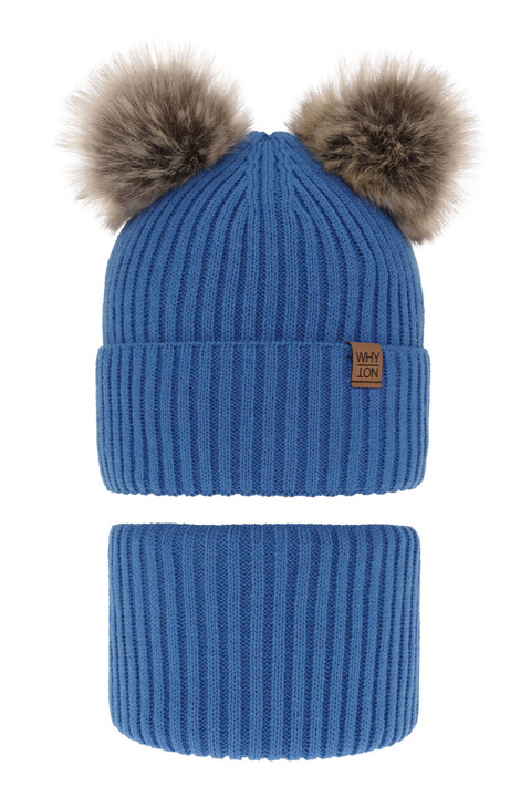 Ensemble d'hiver garçon: bonnet et snood, bleu, avec deux pompons, Oxford