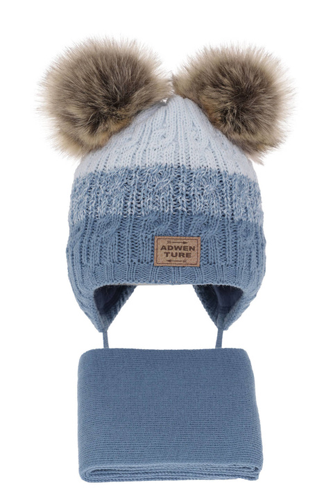Ensemble d'hiver garçon: bonnet et écharpe, bleu, avec deux pompons, Platon