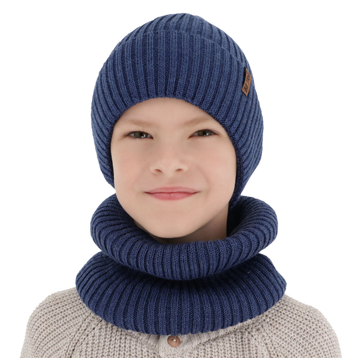 Ensemble d'hiver garçon (bonnet et snood), bleu, avec laine mérinos, Colton