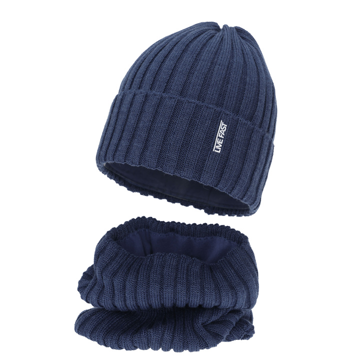 Ensemble d'hiver garçon: bonnet et snood, bleu, avec laine mérinos, doublé polaire, Banasko
