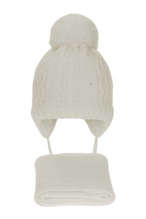 Ensemble d'hiver fille: bonnet et écharpe, crème, avec pompon, Candy
