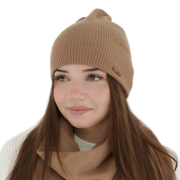 Bonnet automne/printemps femme, camel, 100% Laine Mérinos, Flerra