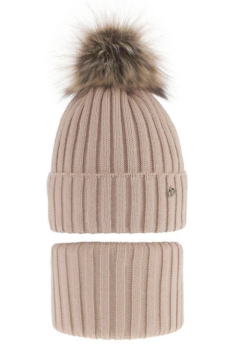 Ensemble d'hiver fille: bonnet et snood, beige, avec pompon, Wilma