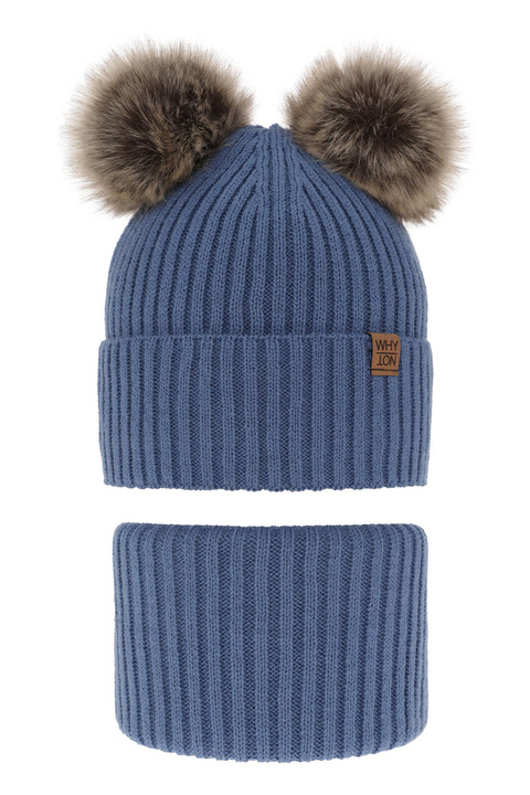 Ensemble d'hiver garçon: bonnet et snood, bleu, avec deux pompons, Oxford