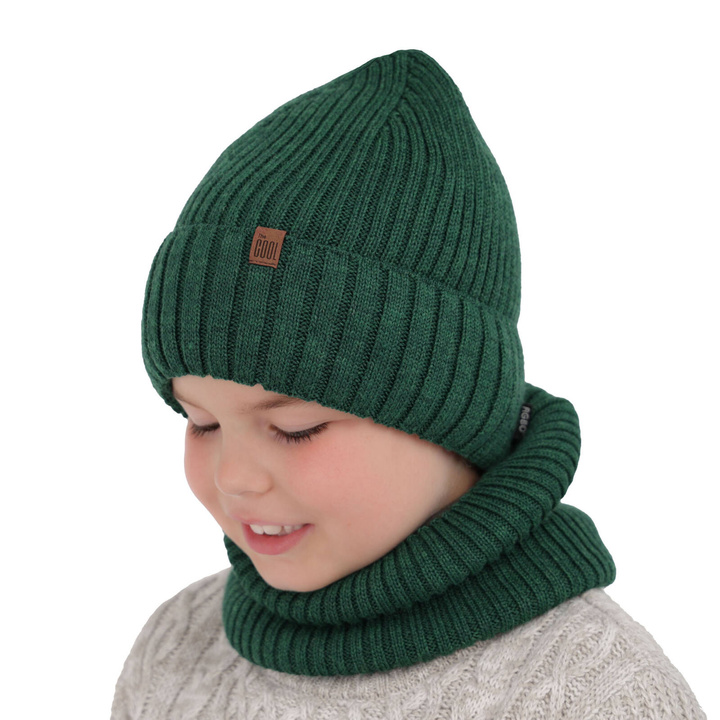 Ensemble d'hiver garçon: bonnet et snood, vert, avec laine mérinos, Metis