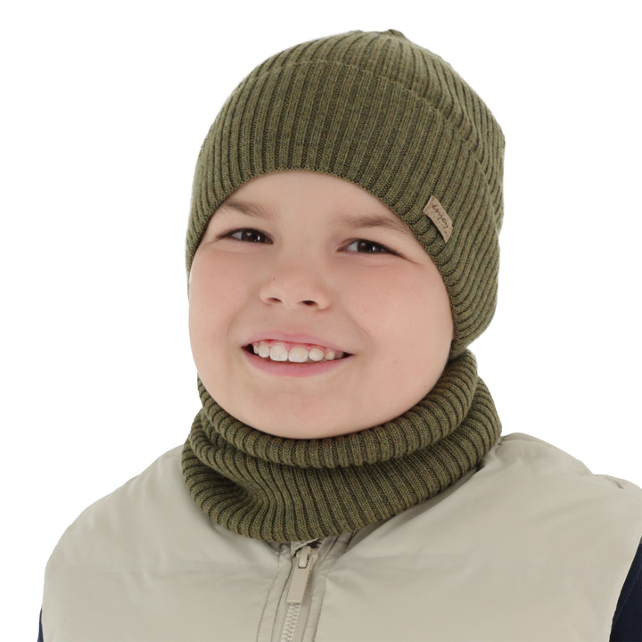 Ensemble automne/printemps garçon: bonnet et snood, khaki, avec laine mérinos, Intro