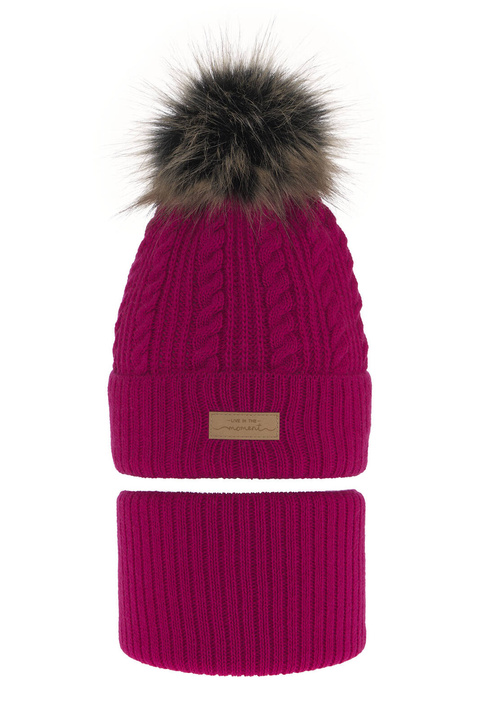 Ensemble d'hiver fille: bonnet et snood, rose, avec pompon, Alika