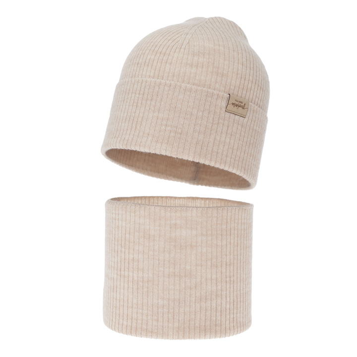 Ensemble automne/printemps fille: bonnet et snood, crème, 100% Laine Mérinos, Magenta