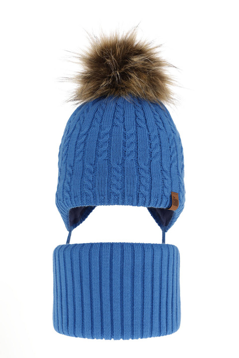 Ensemble d'hiver garçon: bonnet et snood, bleu, avec pompon, Indigo