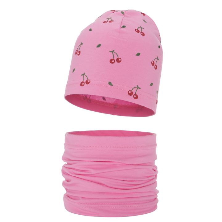 Ensemble automne/printemps fille: bonnet et snood, rose, coton, Cerise