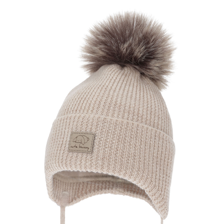 Bonnet d'hiver fille, beige, avec liens, 100% Laine Mérinos, Jena