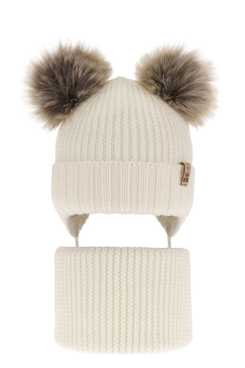 Ensemble d'hiver garçon: bonnet et snood, crème, avec liens, 100% Laine Mérinos Extrafine, Konor