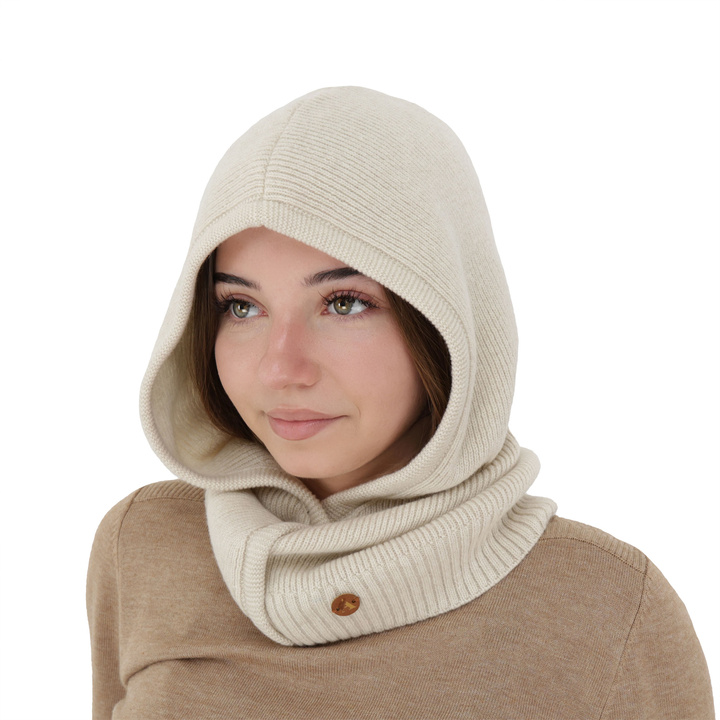 Cagoule automne, hiver, femme, beige, laine mérinos avec cachemire, Kiruna