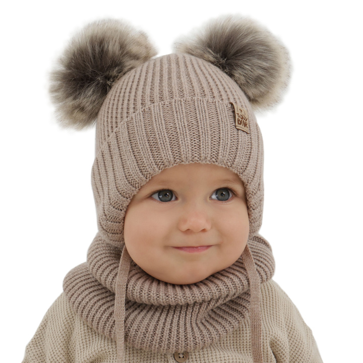 Ensemble d'hiver garçon: bonnet et snood, beige, avec laine mérinos, avec liens, Konor