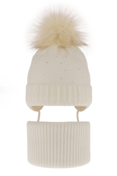 Ensemble d'hiver fille: bonnet et snood, crème, avec pompon, Renia