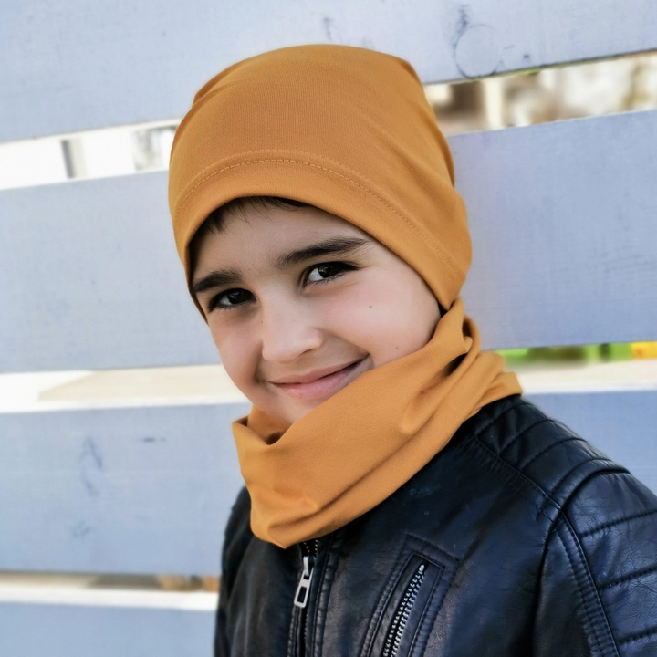Ensemble automne/printemps garçon: bonnet et snood, miel, en coton, Hazel