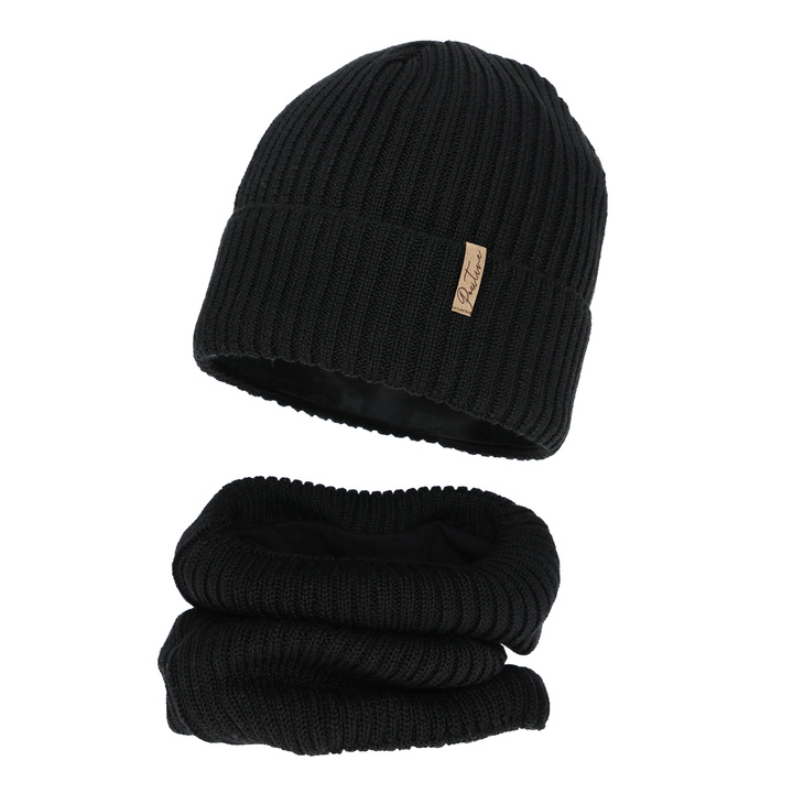 Ensemble d'hiver fille (bonnet et snood), noir, doublé de polaire, avec laine mérinos, Odette