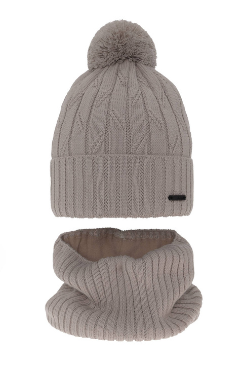 Ensemble d'hiver garçon: bonnet et snood, beige, avec pompon, avec laine mérinos, Talar