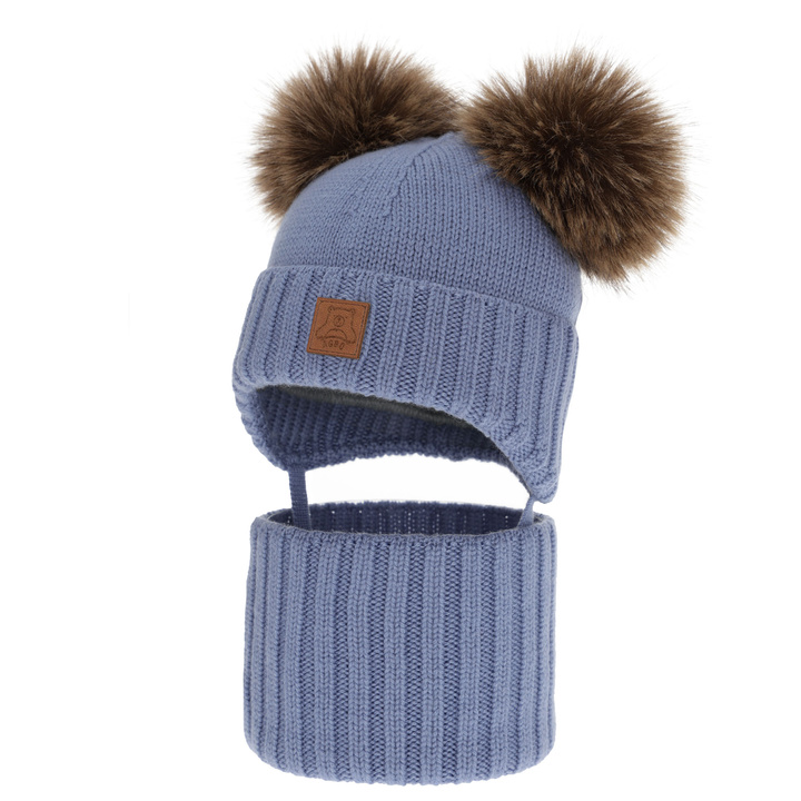Ensemble bonnet et tour de cou garçon, hiver, bleu, 100% laine mérinos, doublé polaire laine, Ronik