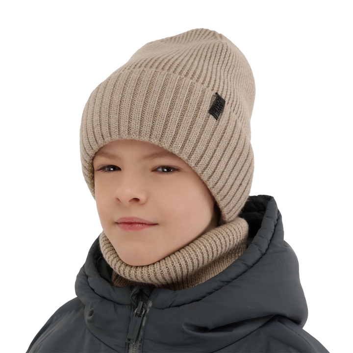 Bonnet et snood garçon, ensemble d'hiver, 100% Laine Mérinos, avec doublure en laine mérinos, beige Harbin