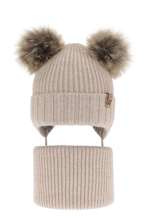 Ensemble d'hiver garçon: bonnet et snood, beige, avec liens, avec laine mérinos, Konor