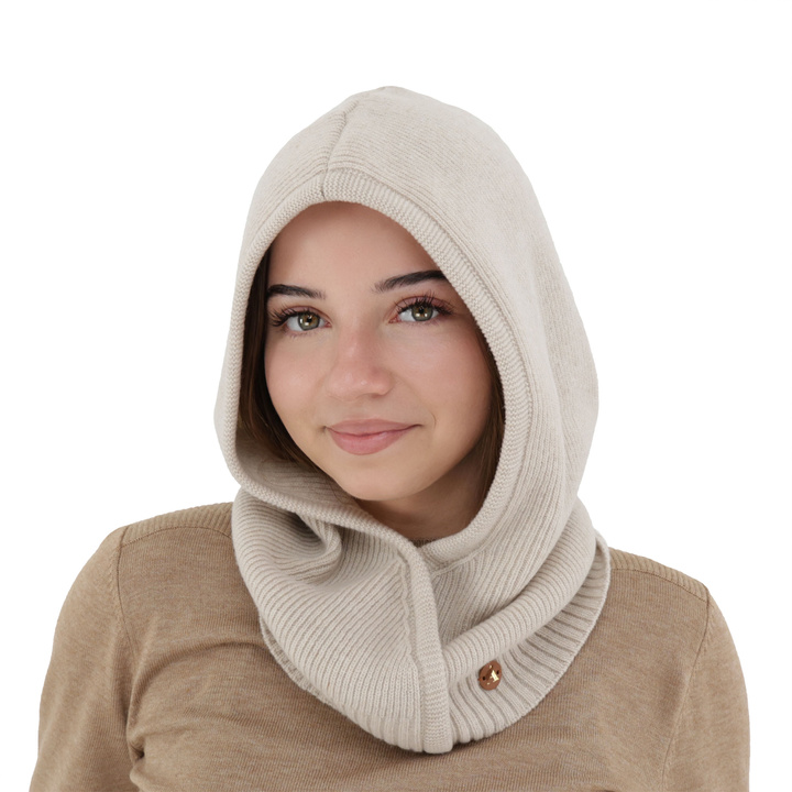 Cagoule automne, hiver, femme, beige, laine mérinos avec cachemire, Kiruna
