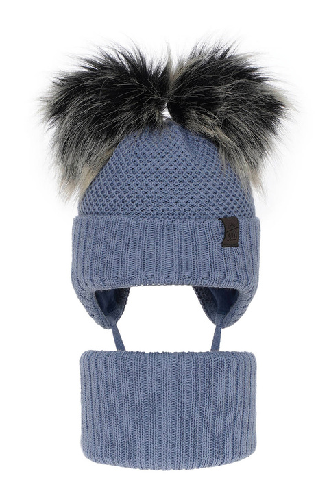 Ensemble d'hiver garçon: bonnet et snood, bleu, avec deux pompons, avec liens, Randel
