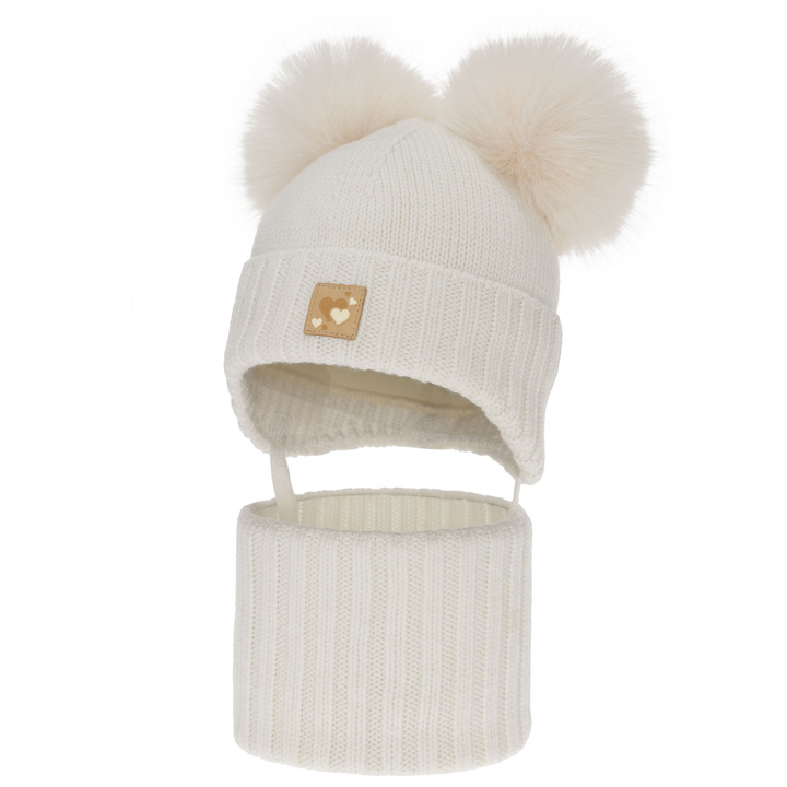 Ensemble bonnet et tour de cou fille, hiver, blanc, 100% laine mérinos, doublé polaire laine, Ronia