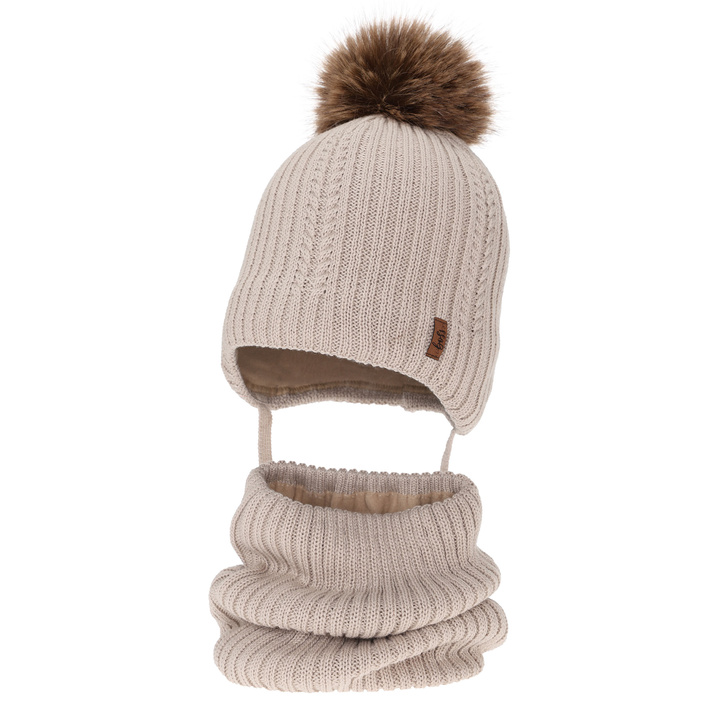 Ensemble d'hiver garçon: bonnet et snood, beige, avec laine mérinos, avec liens, Zongo