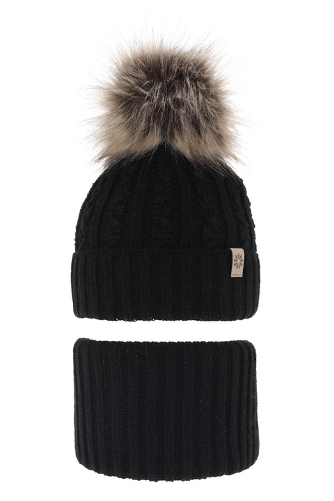 Ensemble d'hiver fille: bonnet et snood, noir, avec pompon, Pretoria