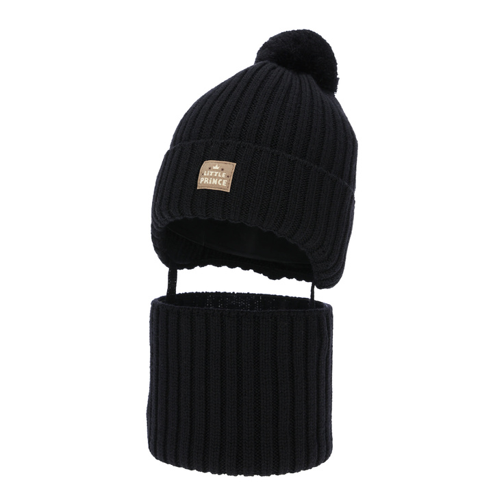 Ensemble d'hiver garçon: bonnet et snood, bleu, 100% laine mérinos, doublé de polaire en laine, avec liens, Masil