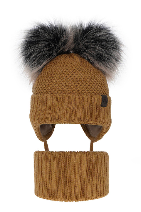 Ensemble d'hiver garçon: bonnet et snood, camel, avec deux pompons, avec liens, Randel