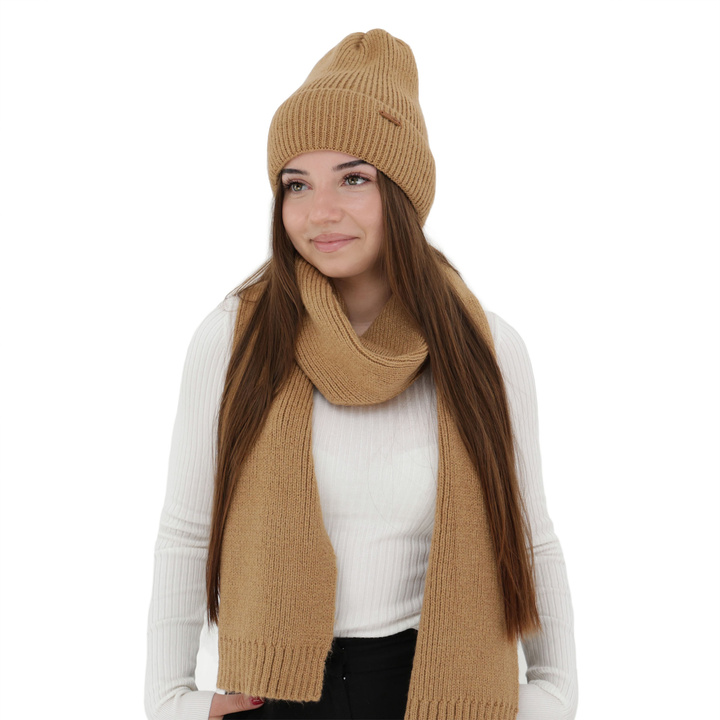 Ensemble d'hiver femme: bonnet et écharpe, camel, avec laine mérinos, Seala