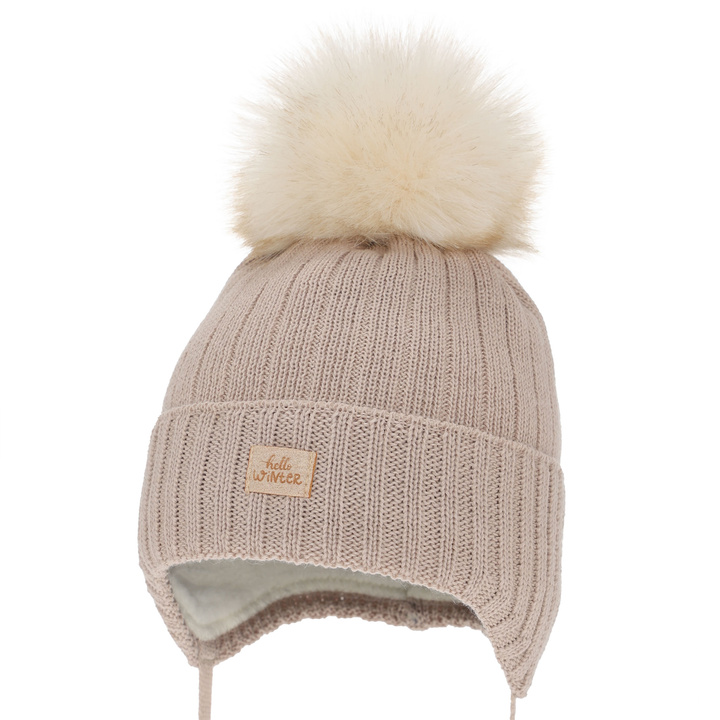 Bonnet d'hiver fille, beige, avec liens, avec laine mérinos, Basma