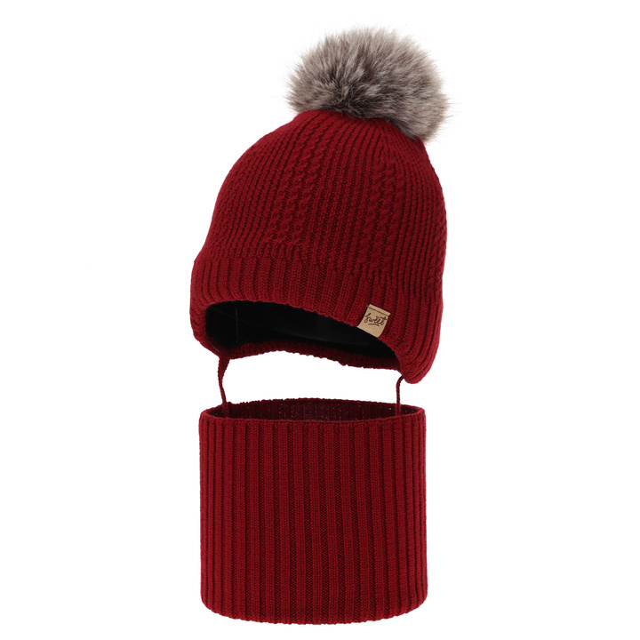 Ensemble bonnet et tour de cou garçon, hiver, bordeaux, 100% laine mérinos, doublé polaire laine, à nouer Danny