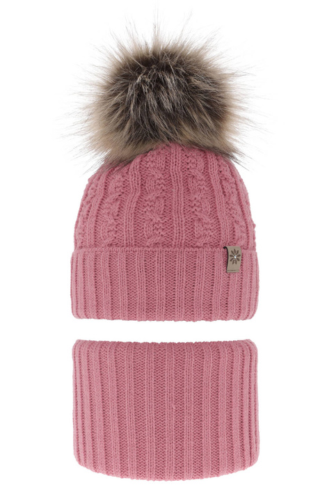 Ensemble d'hiver fille: bonnet et snood, rose, avec pompon, Pretoria