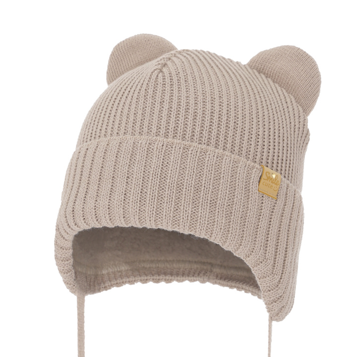 Bonnet d'hiver fille, beige, avec liens, avec laine mérinos, Shira